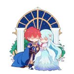  1girl 2boys armor artist_request baby blue_hair bride cape chibi closed_eyes eliwood_(fire_emblem) father_and_son fire_emblem fire_emblem:_the_binding_blade fire_emblem:_the_blazing_blade fire_emblem_heroes gloves hair_ornament mamkute mother_and_son multiple_boys ninian redhead roy_(fire_emblem) short_hair simple_background smile sword tiara veil weapon younger 