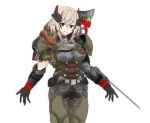  1girl adapted_costume arm_blade armor azur_lane black_gloves blonde_hair breasts brown_eyes cosplay crossover doom_(2016) doom_(game) doom_eternal doomguy doomguy_(cosplay) gloves hair_between_eyes hair_ornament iron_cross large_breasts looking_at_viewer lowres multicolored_hair mussolini_pepperoni pun redhead roon_(azur_lane) short_hair shoulder_cannon streaked_hair weapon 