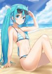  1girl arm_support arm_up ass bare_arms bare_legs bare_shoulders beach bibboss39 bikini black-framed_eyewear blue_bikini blue_eyes blue_hair blue_sky blush breasts closed_mouth clouds cloudy_sky collarbone day eyewear_on_head hair_ribbon hatsune_miku highres horizon knee_up long_hair looking_at_viewer navel o-ring o-ring_bikini ocean ribbon sand shadow sidelocks sitting sky small_breasts smile solo stomach striped striped_bikini sunglasses swimsuit thighs twintails very_long_hair vocaloid water white_ribbon 