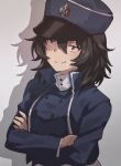  1girl andou_(girls_und_panzer) bc_freedom_(emblem) bc_freedom_military_uniform black_hair blue_jacket blue_vest brown_background crossed_arms dark_skin emblem girls_und_panzer hat high_collar jacket k_rough long_sleeves looking_to_the_side medium_hair messy_hair shako_cap simple_background smile solo standing vest 