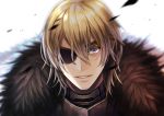  1boy armor blonde_hair blue_eyes dimitri_alexandre_bladud_(fire_emblem) eyepatch fire_emblem fire_emblem:_three_houses fur_trim haru_(toyst) looking_at_viewer male_focus solo teeth white_background 