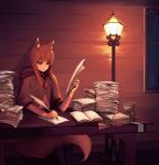  1girl absurdres animal_ears book brown_hair closed_mouth commentary_request english_commentary erroten highres holding holo indoors lamp long_hair paper pouch sitting solo spice_and_wolf studying table tail wolf_ears wolf_girl wolf_tail writing 