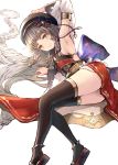  1girl absurdly_long_hair arm_up armpits back_bow bangs bare_shoulders belt black_headwear black_legwear blue_bow blunt_bangs blush bow braid breastplate closed_mouth detached_sleeves feet_out_of_frame frills granblue_fantasy hanamuke hand_on_headwear highres long_hair long_sleeves looking_at_viewer lying multiple_braids on_side pholia red_skirt simple_background skirt smile solo thick_eyebrows thigh-highs thighs very_long_hair white_background white_sleeves wide_sleeves 