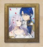  1boy 1girl blue_eyes blue_hair closed_mouth deirdre_(fire_emblem) fire_emblem fire_emblem:_genealogy_of_the_holy_war gloves hair_ornament highres husband_and_wife kyufe long_hair parted_lips petals photo_(object) picture_frame purple_hair short_hair sigurd_(fire_emblem) smile upper_body violet_eyes white_gloves 