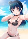  1girl absurdres bangs beach bikini black_bikini black_choker blue_hair blue_sky blunt_bangs blurry breasts choker clouds cowboy_shot depth_of_field hand_on_own_chest highres long_hair looking_at_viewer love_live! love_live!_sunshine!! navel outdoors rama_(yu-light8) red_eyes self_shot side_bun sky small_breasts solo swimsuit tsushima_yoshiko 