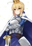  1girl ahoge armor armored_dress artoria_pendragon_(all) bangs blonde_hair blouse blush breasts capelet cloak commentary_request crown dot_nose dress eyebrows_visible_through_hair fate/stay_night fate_(series) gauntlets green_eyes hair_ribbon highres long_hair long_sleeves looking_at_viewer nanakaku ribbon saber short_hair simple_background skirt smile solo sword weapon white_background yellow_eyes 