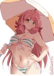  1girl akashi_(kantai_collection) alternate_costume beach_umbrella bikini blush breasts closed_mouth ebifurya green_eyes hair_ribbon highres holding holding_umbrella kantai_collection large_breasts long_hair looking_at_viewer navel pink_hair red_ribbon ribbon smile solo striped striped_bikini swimsuit twintails umbrella 