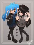  2girls adjusting_headwear artist_name bangs black_eyes black_footwear black_hair black_headwear black_jacket black_legwear black_neckwear blue_hair blue_neckwear bow brown_eyes closed_mouth collared_shirt domino_mask english_commentary fangs grey_background grey_skirt grey_vest grin hand_in_pocket hat hat_bow head_tilt heart highres holding_hands inkling interlocked_fingers jacket leaning_forward loafers long_hair looking_at_viewer mask miniskirt multiple_girls navy_blue_shirt navy_blue_skirt neck_ribbon open_clothes open_jacket pantyhose pleated_skirt pointy_ears prat_rat print_skirt puffy_short_sleeves puffy_sleeves ribbon school_uniform shirt shoes short_sleeves sidelocks simple_background single_horizontal_stripe skirt smile splatoon_(series) splatoon_2 standing tentacle_hair twintails vest white_shirt 