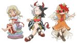  3girls animal animal_ears animal_on_head ascot barefoot bird bird_wings black_hair blonde_hair blouse boots chamaji chick commentary_request cow_ears cow_horns cow_tail dress ebisu_eika eyebrows_visible_through_hair haori horns japanese_clothes looking_at_viewer multicolored_hair multiple_girls niwatari_kutaka on_head redhead sandals short_sleeves simple_background sitting sitting_on_rock skirt smile statue stone tail touhou two-tone_hair ushizaki_urumi wily_beast_and_weakest_creature wings 