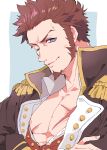  1boy beard blue_eyes brown_hair chest commentary_request epaulettes facial_hair fate/grand_order fate_(series) highres long_sleeves looking_at_viewer male_focus manami_(fearfac666) military muscle napoleon_bonaparte_(fate/grand_order) scar simple_background smile solo uniform 
