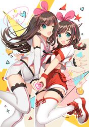  2girls :d ;d a.i._channel absurdres bare_shoulders bison_cangshu blue_eyes brown_hair character_name commentary_request crop_top cropped_jacket detached_sleeves floating_hair hairband heart heart_hands heart_hands_duo highres kizuna_ai leg_up long_hair looking_at_viewer midriff multicolored_hair multiple_girls navel one_eye_closed open_mouth pink_hair red_shorts sailor_collar shirt shoes short_shorts short_sleeves shorts sidelocks smile sneakers standing standing_on_one_leg star streaked_hair thigh-highs thigh_strap white_legwear white_sailor_collar white_shirt white_shorts zipper 