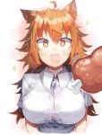  +_+ 1girl :d ahoge animal_ear_fluff animal_ears bangs blush boned_meat breasts commentary_request eyebrows_visible_through_hair fang food hair_between_eyes kasuka_(kusuki) large_breasts long_hair looking_at_viewer meat open_mouth orange_eyes orange_hair original shirt short_sleeves skin_fang smile solo sparkle upper_body white_background white_shirt wolf_ears 
