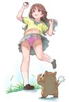  1girl brown_hair from_below full_body grass himeshaga lass_(pokemon) navel panties patrat pink_panties plaid plaid_panties pleated_skirt pokemon pokemon_(game) pokemon_bw school_uniform shoes short_sleeves simple_background skirt smile socks solo_focus underwear upskirt violet_eyes white_background 