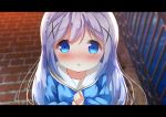  1girl :o bangs blue_eyes blue_hair blue_ribbon blue_sweater blurry blurry_background blush chestnut_mouth chinomaron commentary_request depth_of_field eyebrows_visible_through_hair gochuumon_wa_usagi_desu_ka? hair_between_eyes hair_ornament hands_up kafuu_chino letterboxed long_hair long_sleeves looking_at_viewer neck_ribbon nose_blush own_hands_together parted_lips railing ribbon sailor_collar school_uniform serafuku solo sweater white_sailor_collar x_hair_ornament 