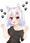  1girl :3 :d absurdres animal_ear_fluff animal_ears black_shirt claw_pose fang hair_ornament hairclip highres off_shoulder open_mouth original paw_background sakuma_hiragi shirt short_hair short_sleeves simple_background smile v-shaped_eyebrows white_background white_hair 