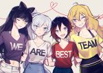  4girls black_hair blake_belladonna blonde_hair blue_eyes ecru english_text grey_eyes group_picture multiple_girls navel one_eye_closed prosthesis prosthetic_arm redhead ruby_rose rwby scar scar_across_eye shirt siblings sisters t-shirt violet_eyes weiss_schnee white_hair yang_xiao_long yellow_eyes 