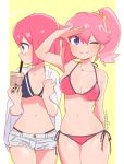  2girls aina_ardebit bikini blue_eyes bubble_tea heris_ardebit jacket mago midriff multiple_girls one_eye_closed pink_hair promare shorts siblings side_ponytail signature sisters smile swimsuit 