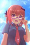  1girl adjusting_eyewear arm_up bat_hair_ornament blue-framed_eyewear blue_shirt blue_sky blush clouds cross dark_skin day eyebrows_visible_through_hair fang from_below gabriel_dropout glasses haigo_(high_go) hair_between_eyes hair_ornament hair_ribbon inverted_cross kurumizawa_satanichia_mcdowell lens_flare looking_at_viewer necktie open_mouth outdoors red_neckwear redhead ribbon shirt short_hair short_sleeves sky solo twintails violet_eyes 