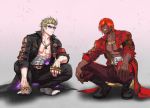  2boys ashwatthama_(fate/grand_order) bangs blonde_hair dark_skin dark_skinned_male fate/grand_order fate_(series) hair_between_eyes hair_over_one_eye kuroba.k long_sleeves loose_clothes male_focus multiple_boys muscle pants redhead sakata_kintoki_(fate/grand_order) sakata_kintoki_rider_(fate/grand_order) short_hair simple_background sitting sleeves_rolled_up sunglasses yellow_eyes 