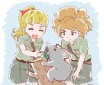  2girls bangs belt blonde_hair blue_background blunt_bangs closed_eyes collarbone eating feeding girls_und_panzer hand_on_knees koala long_hair messy_hair multiple_girls open_mouth orange_hair ponytail short_hair short_sleeves shorts simple_background smile ta_(ta-work-style) tree_stump 