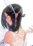 1girl bare_shoulders black_hair blush circlet dark_skin ear_piercing earrings eyebrows_visible_through_hair headwear jewelry long_hair looking_at_viewer mole mole_under_mouth neck_ring nose_piercing original parted_lips piercing see-through solo tonito violet_eyes 