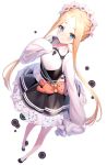  1girl abigail_williams_(fate/grand_order) bangs black_dress blonde_hair blue_eyes blush breasts closed_mouth commentary_request dress fate/grand_order fate_(series) forehead highres long_hair long_sleeves looking_at_viewer maid_headdress parted_bangs ririko_(zhuoyandesailaer) simple_background skirt sleeves_past_fingers sleeves_past_wrists solo stuffed_animal stuffed_toy teddy_bear white_background white_skirt 