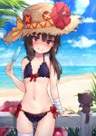 1girl bandaged_arm bandages bare_arms bare_shoulders beach bikini black_bikini blue_sky brown_hair brown_headwear chomusuke closed_mouth clouds cloudy_sky commentary_request day fence flower food frilled_bikini frills front-tie_bikini front-tie_top hat hibiscus holding horizon kono_subarashii_sekai_ni_shukufuku_wo! long_hair looking_at_viewer megumin ocean outdoors pensuke plant popsicle red_eyes red_flower side-tie_bikini sky smile straw_hat swimsuit water 