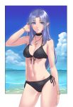  1girl beach bikini black_bikini border bracelet breasts caster choker clouds crescent eyebrows_visible_through_hair fate/hollow_ataraxia fate/stay_night fate_(series) front-tie_top highres hikichi_sakuya island jewelry lipstick long_hair makeup medea_(fate)_(all) medium_breasts necklace pointy_ears purple_hair purple_lipstick sexy sky solo swimsuit type_moon violet_eyes water white_border 