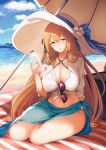  1girl alternate_costume arm_support bangs beach beach_mat beach_umbrella blue_sky blush bottle breasts brown_hair clouds cooler day eyebrows_visible_through_hair eyewear_removed girls_frontline green_eyes hair_between_eyes holding holding_bottle large_breasts long_hair looking_at_viewer m1903_springfield_(girls_frontline) ocean outdoors ribbon sand sarong shirt sidelocks sitting sky smile solo sunglasses tied_shirt tinted_eyewear tobimura umbrella white_shirt yokozuwari 