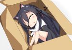  1girl animal_ear_fluff animal_ears bangs black_hair black_skirt blush box cardboard_box cat_ears chestnut_mouth chibi chisuzu_mei closed_eyes commentary_request eyebrows_visible_through_hair grey_background hair_between_eyes hair_ribbon highres in_box in_container long_hair long_sleeves lying nagato-chan on_side one_side_up parted_lips paryi_project pleated_skirt red_ribbon ribbon shirt simple_background skirt sleeping sleeves_past_wrists solo very_long_hair virtual_youtuber white_shirt zzz 