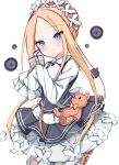  1girl abigail_williams_(fate/grand_order) apron bangs black_skirt blonde_hair blue_eyes blush bubble_tea butterfly_hair_ornament cup drinking_straw fate/grand_order fate_(series) hair_ornament highres holding holding_cup kamu_(geeenius) long_hair long_sleeves looking_at_viewer maid maid_apron maid_headdress parted_bangs skirt sleeves_past_fingers sleeves_past_wrists solo stuffed_animal stuffed_toy teddy_bear tied_hair 
