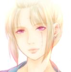  1girl absurdres blonde_hair closed_mouth earrings facial_scar gintama highres jewelry looking_at_viewer paleatus ponytail scar scar_on_cheek short_hair simple_background solo tsukuyo_(gintama) violet_eyes white_background 
