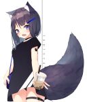  1girl absurdres animal_ear_fluff animal_ears bag bangs belt_buckle belt_collar black_collar black_dress black_hair black_panties blush breasts bubble_tea buckle butterfly_tattoo collar commentary cowboy_shot cup disposable_cup dress drinking_straw eyebrows_visible_through_hair fang fox_ears fox_girl fox_tail hair_between_eyes hair_ornament hairclip handbag highres holding holding_cup leg_belt long_hair looking_at_viewer mayogii open_mouth original panties short_dress short_sleeves shoulder_bag simple_background small_breasts solo standing tail tattoo underwear violet_eyes white_background 