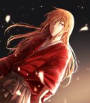  1boy blonde_hair blurry_foreground dutch_angle floating_hair gintama grey_hakama hair_over_one_eye hakama highres japanese_clothes kimono long_hair long_sleeves okita_sougo red_eyes red_kimono solo very_long_hair yayoi_(chepiiii23) 