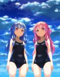  2girls :/ arms_at_sides bare_arms bare_shoulders black_swimsuit blue_hair blue_sky closed_mouth collarbone covered_navel day eyebrows_visible_through_hair highres kotonoha_akane kotonoha_aoi kurione_(zassou) long_hair looking_at_viewer multiple_girls one-piece_swimsuit one_side_up outdoors pink_eyes pink_hair siblings sisters sky smile swimsuit voiceroid 