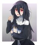  1girl bandages black_dress black_hair dress eating fangs food hair_flaps hasumusi005 highres holding holding_food long_hair looking_at_viewer red_eyes solo very_long_hair yamada_tae zombie_land_saga 