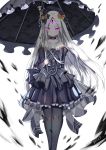  1girl abigail_williams_(fate/grand_order) aura bangs bare_shoulders black_bow black_dress black_flower black_headwear black_legwear black_rose black_umbrella blush bow breasts closed_mouth collarbone commentary_request dark_aura dress dust9 eyebrows_visible_through_hair fate/grand_order fate_(series) flower frilled_dress frills glowing glowing_eyes hair_bow hat highres holding holding_umbrella juliet_sleeves long_hair long_sleeves looking_at_viewer orange_bow pale_skin pantyhose parted_bangs pleated_dress puffy_sleeves rose see-through signature small_breasts smile solo strapless strapless_dress umbrella very_long_hair violet_eyes white_background white_hair 