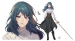  1girl absurdres alternate_costume black_footwear black_pants blue_eyes blue_hair boots byleth byleth_(female) copyright_name fire_emblem fire_emblem:_three_houses highres holding holding_sword holding_weapon long_sleeves pants parted_lips simple_background solo sword velahka weapon white_background 