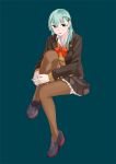 1girl aqua_hair ascot bow bowtie brown_cardigan brown_jacket brown_legwear brown_skirt green_background green_eyes grey_footwear hair_ornament hairclip highres invisible_chair jacket kantai_collection knee_up leg_hug loafers long_hair looking_at_viewer ojipon orange_neckwear pleated_skirt remodel_(kantai_collection) school_uniform shoes simple_background sitting skirt smile solo suzuya_(kantai_collection) thigh-highs 