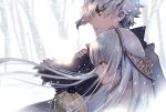  1boy 1girl anastasia_(fate/grand_order) bangs blue_eyes closed_mouth crown doll fate_(series) from_side fur_trim hairband holding holding_doll houhou_(black_lack) jewelry kadoc_zemlupus long_hair long_sleeves mini_crown open_mouth outdoors profile short_hair silver_hair smile snow snowing white_hair winter winter_clothes yellow_eyes yellow_hairband 