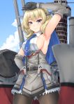  1girl ass_visible_through_thighs black_gloves black_legwear blonde_hair blue_eyes blue_neckwear blue_sky breasts cannon capelet clouds colorado_(kantai_collection) commentary_request dress elbow_gloves garrison_cap gloves grey_dress hat headgear highres kantai_collection large_breasts machinery necktie pantyhose pleated_dress pose sano_souichi shirt short_hair side_braids sideboob sky sleeveless solo standing white_shirt 