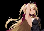  1girl armpits bangs blonde_hair blush breasts cape dark_background ereshkigal_(fate/grand_order) eyebrows_visible_through_hair fate/grand_order fate_(series) hair_ribbon highres kairopoda long_hair looking_at_viewer parted_bangs red_eyes ribbon skull solo tiara twintails two_side_up 