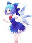  +_+ 1girl arched_back arm_behind_back arm_up bangs blue_bow blue_dress blue_eyes blue_hair bow breasts cirno dress feet_out_of_frame hair_bow highres ice ice_wings ju-ok leaning_forward looking_to_the_side open_mouth parted_lips petticoat pinafore_dress puffy_short_sleeves puffy_sleeves red_neckwear red_ribbon ribbon shirt short_sleeves small_breasts solo standing touhou white_shirt wings wrist_cuffs 