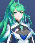  1girl absurdres blush breasts closed_mouth eyebrows_visible_through_hair green_eyes green_hair grimmelsdathird highres large_breasts looking_at_viewer pneuma_(xenoblade) ponytail spoilers upper_body xenoblade_(series) xenoblade_2 
