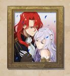  1boy 1girl alvis_(fire_emblem) brown_gloves closed_mouth deirdre_(fire_emblem) fire_emblem fire_emblem:_genealogy_of_the_holy_war gloves hair_ornament highres husband_and_wife kyufe long_hair parted_lips photo_(object) picture_frame purple_hair red_eyes redhead upper_body violet_eyes white_gloves 