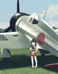  1girl a5m aircraft airplane akagi_(kantai_collection) annin_musou bandaid bandaid_on_face black_hair blue_sky clouds commentary_request day full_body geta grass hakama hakama_skirt hands_in_pockets highres japanese_clothes kantai_collection long_hair muneate open_mouth outdoors red_hakama round_teeth sandals sky smile solo standing straight_hair tasuki teeth thigh-highs upper_teeth white_legwear younger 