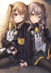  2girls :p bangs black_bow black_gloves black_jacket black_legwear black_ribbon black_skirt blush bow brown_eyes brown_hair closed_mouth commentary dress_shirt eyebrows_visible_through_hair fingerless_gloves fingernails girls_frontline gloves gun h&amp;k_ump9 hair_between_eyes hair_bow hair_ornament hairclip hitsukuya jacket looking_at_viewer multiple_girls object_namesake one_side_up open_clothes open_jacket pantyhose pleated_skirt red_eyes ribbon scar scar_across_eye shirt skirt smile submachine_gun tongue tongue_out twintails ump45_(girls_frontline) ump9_(girls_frontline) weapon white_shirt 