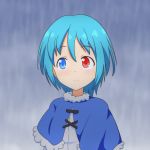  1girl blue_capelet blue_eyes blue_hair capelet cato_(monocatienus) commentary_request eyebrows_visible_through_hair fur-trimmed_capelet fur_trim heterochromia looking_away rain red_eyes short_hair smile solo tatara_kogasa touhou upper_body 