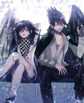  2boys angel_and_devil beard black_hair black_wings checkered checkered_scarf commentary_request dangan_ronpa facial_hair goatee hair_between_eyes jacket jacket_on_shoulders long_hair long_sleeves looking_at_another male_focus momota_kaito multiple_boys new_dangan_ronpa_v3 open_mouth ouma_kokichi pants purple_hair scarf school_uniform shirt short_hair single_wing smile spiky_hair straitjacket violet_eyes white_wings wings z-epto_(chat-noir86) 