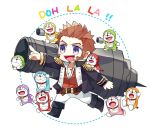  1boy beard blue_eyes brown_hair chibi commentary_request crossover doraemon_(character) epaulettes facial_hair fate/grand_order fate_(series) gutshika long_sleeves male_focus military military_uniform napoleon_bonaparte_(fate/grand_order) pants scar smile uniform weapon white_background 